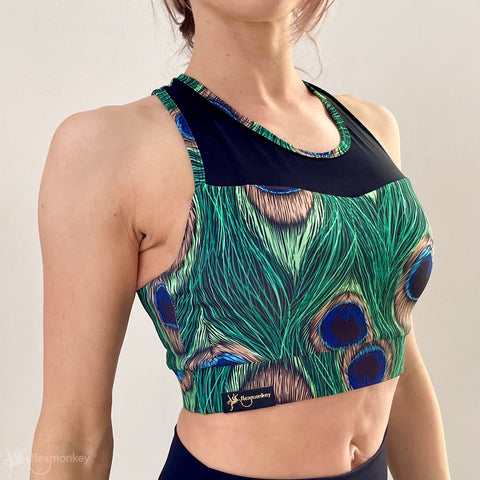 Racerback poledance and fitness top by Flexmonkey polewear in peacock print side