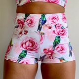 poledance fitness shorts bikershort Hummingbird roses print in second skin from flexmonkey polewear paaldansbroekje front