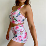 poledance fitness top and shorts bikershort Hummingbird roses print in second skin from flexmonkey polewear paaldansbroekje en top side